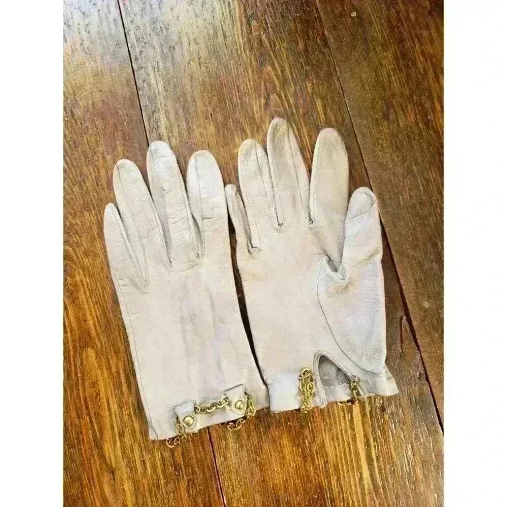 Gray leather Grandoe‎ Glove womens driving gloves size 6 1/2 metal greige short
